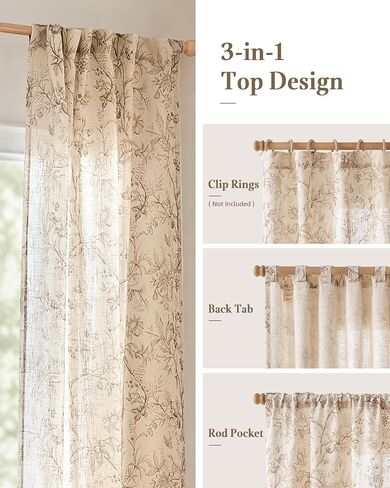 jinchan Floral Linen Curtains for Bedroom Farmhouse Country Cottagecore Botanical Printed Curtains Natural Texture Light Filtering Drapes Rod Pocket Back Tab Window Treatment 2 Panels 84 Inch Taupe in Saudi Arabia