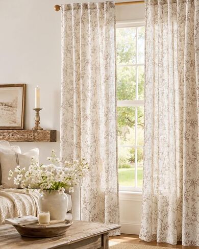 jinchan Floral Linen Curtains for Bedroom Farmhouse Country Cottagecore Botanical Printed Curtains Natural Texture Light Filtering Drapes Rod Pocket Back Tab Window Treatment 2 Panels 84 Inch Taupe in Saudi Arabia
