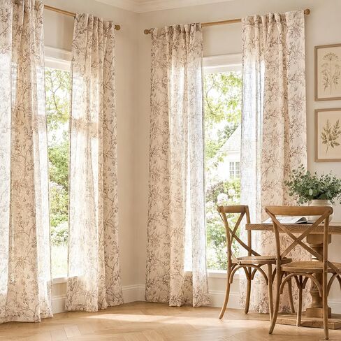 jinchan Floral Linen Curtains for Bedroom Farmhouse Country Cottagecore Botanical Printed Curtains Natural Texture Light Filtering Drapes Rod Pocket Back Tab Window Treatment 2 Panels 84 Inch Taupe in Saudi Arabia