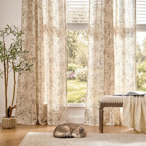 jinchan Floral Linen Curtains for Bedroom Farmhouse Country Cottagecore Botanical Printed Curtains Natural Texture Light Filtering Drapes Rod Pocket Back Tab Window Treatment 2 Panels 84 Inch Taupe in Saudi Arabia