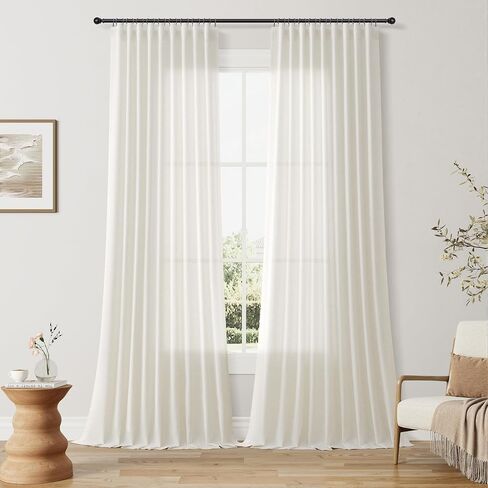 Linen Hook Belt Curtains 96 Inch Long 2 Panels for Bedroom Living Room Natural Cream Ivory Semi Sheer Light Filtering Window Curtain Neutral Farmhouse Boho Back Tab floor to Ceiling Drapes 8ft W52xL96 in Saudi Arabia