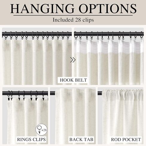 Linen Hook Belt Curtains 96 Inch Long 2 Panels for Bedroom Living Room Natural Cream Ivory Semi Sheer Light Filtering Window Curtain Neutral Farmhouse Boho Back Tab floor to Ceiling Drapes 8ft W52xL96 in Saudi Arabia