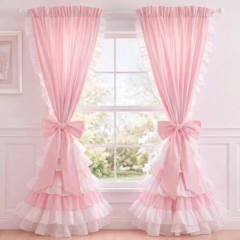 Breling 2 Pcs Pink Bow Ruffle Curtains Double Layer Bow Curtains with Ruffle Sheer Overlay Pink Blackout Curtain for Princess Room, Bedroom, Romantic Room Decor Drapes Coquette Style, 52x84 Inch in Kuwait