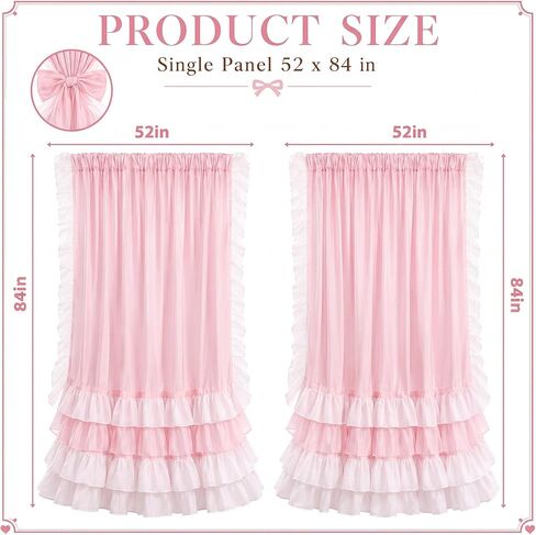 Breling 2 Pcs Pink Bow Ruffle Curtains Double Layer Bow Curtains with Ruffle Sheer Overlay Pink Blackout Curtain for Princess Room, Bedroom, Romantic Room Decor Drapes Coquette Style, 52x84 Inch in Kuwait