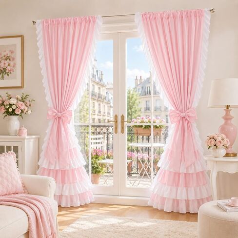Breling 2 Pcs Pink Bow Ruffle Curtains Double Layer Bow Curtains with Ruffle Sheer Overlay Pink Blackout Curtain for Princess Room, Bedroom, Romantic Room Decor Drapes Coquette Style, 52x84 Inch in Kuwait
