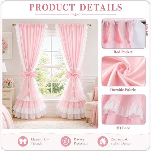 Breling 2 Pcs Pink Bow Ruffle Curtains Double Layer Bow Curtains with Ruffle Sheer Overlay Pink Blackout Curtain for Princess Room, Bedroom, Romantic Room Decor Drapes Coquette Style, 52x84 Inch in Kuwait