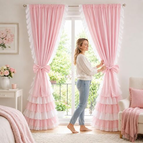 Breling 2 Pcs Pink Bow Ruffle Curtains Double Layer Bow Curtains with Ruffle Sheer Overlay Pink Blackout Curtain for Princess Room, Bedroom, Romantic Room Decor Drapes Coquette Style, 52x84 Inch in Kuwait