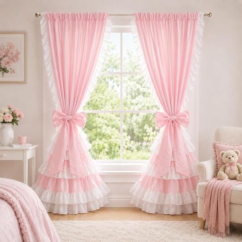 Breling 2 Pcs Pink Bow Ruffle Curtains Double Layer Bow Curtains with Ruffle Sheer Overlay Pink Blackout Curtain for Princess Room, Bedroom, Romantic Room Decor Drapes Coquette Style, 52x84 Inch in Kuwait