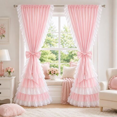 Breling 2 Pcs Pink Bow Ruffle Curtains Double Layer Bow Curtains with Ruffle Sheer Overlay Pink Blackout Curtain for Princess Room, Bedroom, Romantic Room Decor Drapes Coquette Style, 52x84 Inch in Kuwait