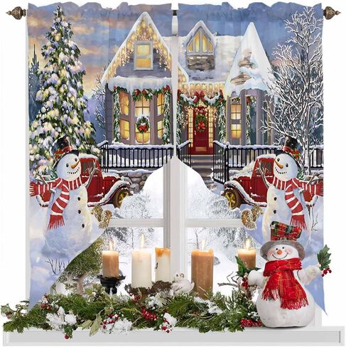 Christmas Swag Curtain Valances Xmas Tree Snowman Short Swag Topper for Small Windows Red Truck Snowy Winnter Window Curtain Tiers for Kitchen Bedroom Living Room 56'' W x 36'' L in Saudi Arabia