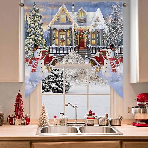 Christmas Swag Curtain Valances Xmas Tree Snowman Short Swag Topper for Small Windows Red Truck Snowy Winnter Window Curtain Tiers for Kitchen Bedroom Living Room 56'' W x 36'' L in Saudi Arabia