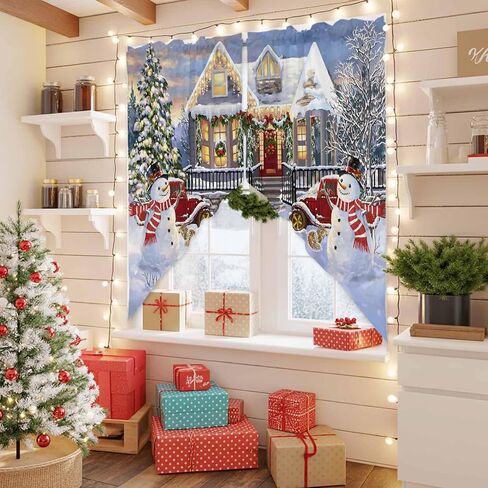 Christmas Swag Curtain Valances Xmas Tree Snowman Short Swag Topper for Small Windows Red Truck Snowy Winnter Window Curtain Tiers for Kitchen Bedroom Living Room 56'' W x 36'' L in Saudi Arabia