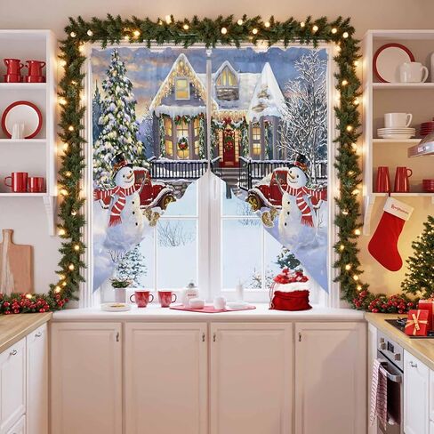 Christmas Swag Curtain Valances Xmas Tree Snowman Short Swag Topper for Small Windows Red Truck Snowy Winnter Window Curtain Tiers for Kitchen Bedroom Living Room 56'' W x 36'' L in Saudi Arabia