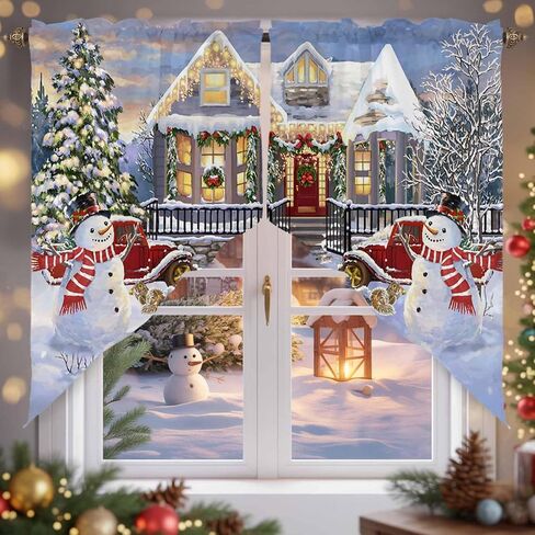 Christmas Swag Curtain Valances Xmas Tree Snowman Short Swag Topper for Small Windows Red Truck Snowy Winnter Window Curtain Tiers for Kitchen Bedroom Living Room 56'' W x 36'' L in Saudi Arabia