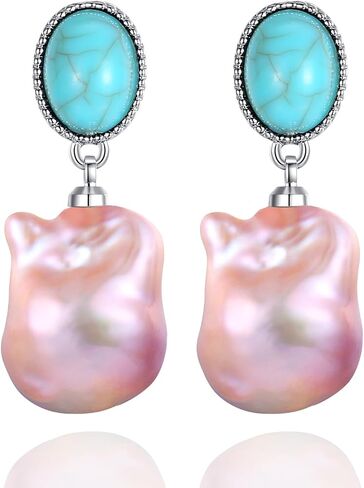 YAMI Bohemian Turquoise Stud Earrings for Women, 925 Sterling Silver, 8-9MM Freshwater Cultured Pearl Drop Dangle Earrings, Birthday Gifts for Women in Saudi Arabia