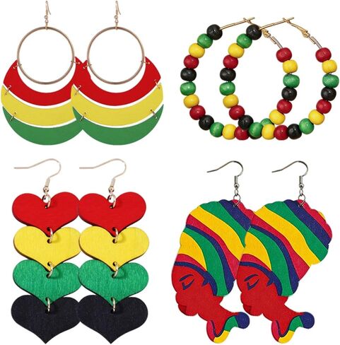 4 Pairs Juneteenth African Earrings for Women Round Heart Painted Wooden Dangle Earrings Ethnic History Inspired Jewelry Accessories in Saudi Arabia