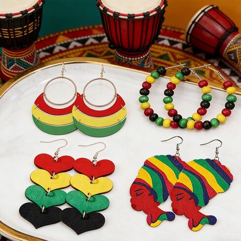 4 Pairs Juneteenth African Earrings for Women Round Heart Painted Wooden Dangle Earrings Ethnic History Inspired Jewelry Accessories in Saudi Arabia