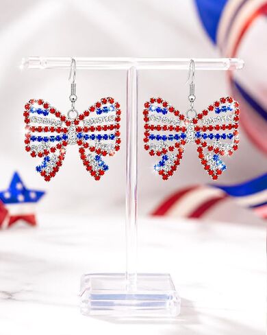 Rhinestone American Flag Earrings for Women Patriotic Red White and Blue Bow Dangle Earrings 4th of July Accessories Outfit Jewelry Gifts in Saudi Arabia