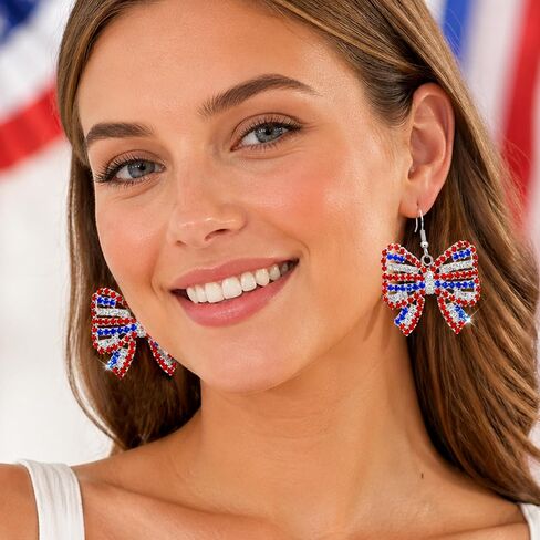 Rhinestone American Flag Earrings for Women Patriotic Red White and Blue Bow Dangle Earrings 4th of July Accessories Outfit Jewelry Gifts in Saudi Arabia