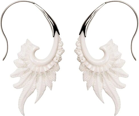 81stgeneration Long Feather Bone Earrings for Women With 925 Sterling Silver Hooks - Tribal Wing Spiral Earrings - Hypoallergenic Boho Threader Earrings - Hand Carved Bone Jewelry in Kuwait