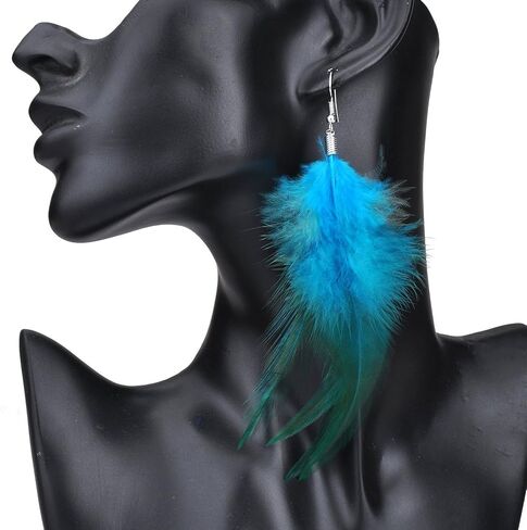 Lureme Bohemian Style Feathers with Small Feather Tassel Dangle Earrings for Women(02004736) (Blue) in Kuwait