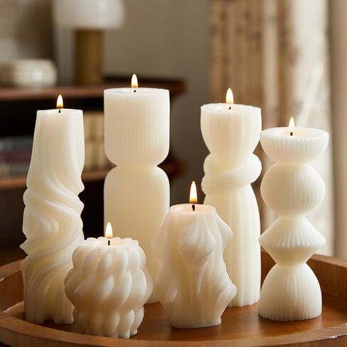 6 Pcs Small Handmade Ribbed Pillar Candle Set, Soy Wax Modern Home Decor for Living Room Bedroom, Aesthetic Table & Shelf Decor, Perfect Housewarming Gift (White, Small) in Saudi Arabia