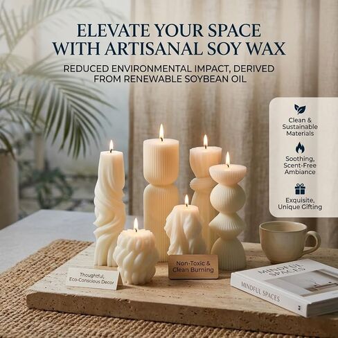 6 Pcs Small Handmade Ribbed Pillar Candle Set, Soy Wax Modern Home Decor for Living Room Bedroom, Aesthetic Table & Shelf Decor, Perfect Housewarming Gift (White, Small) in Saudi Arabia