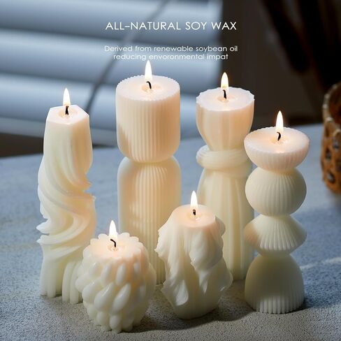 6 Pcs Small Handmade Ribbed Pillar Candle Set, Soy Wax Modern Home Decor for Living Room Bedroom, Aesthetic Table & Shelf Decor, Perfect Housewarming Gift (White, Small) in Saudi Arabia
