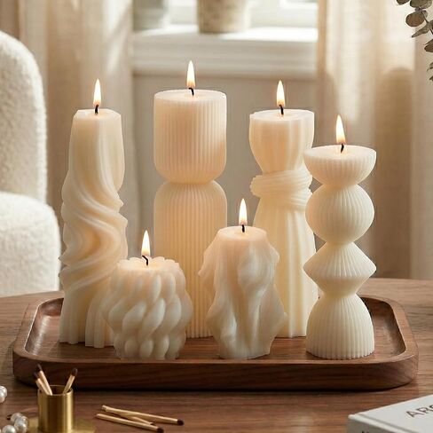 6 Pcs Small Handmade Ribbed Pillar Candle Set, Soy Wax Modern Home Decor for Living Room Bedroom, Aesthetic Table & Shelf Decor, Perfect Housewarming Gift (White, Small) in Saudi Arabia