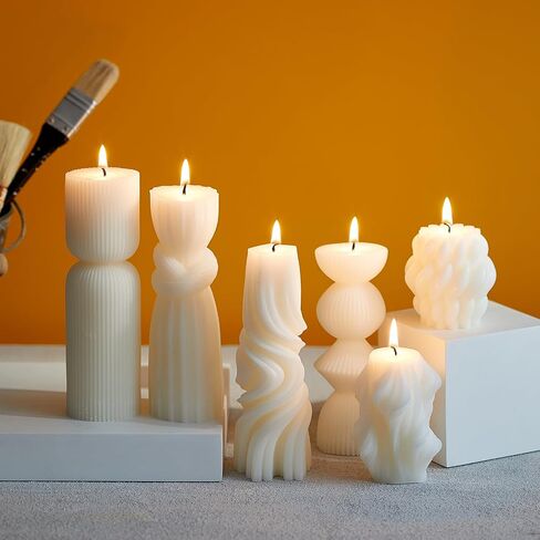 6 Pcs Small Handmade Ribbed Pillar Candle Set, Soy Wax Modern Home Decor for Living Room Bedroom, Aesthetic Table & Shelf Decor, Perfect Housewarming Gift (White, Small) in Saudi Arabia