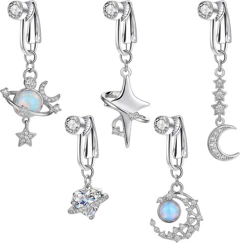 Fake Belly Button Ring Clip-On - 5Pcs Navel Clip with Round Zirconia for Women, Ear Clips or Clip on Belly Button Rings Non Piercing for Beach Vacation Party Body Accessories in Saudi Arabia