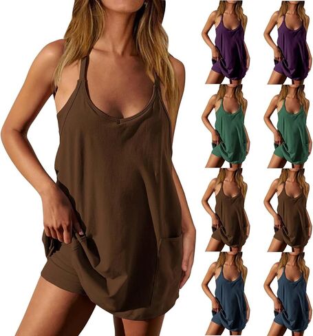 Women's Sleeveless Mini Jumpsuits with Built in Shorts Summer Dress Built in Shorts Casual Tennis Workout Jumpsuits in Kuwait