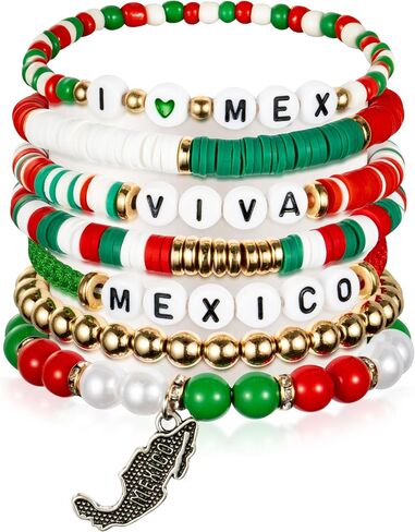 Y1tvei Viva Mexico Bracelet Set - 7Pcs Mexican Viva Crocodile Charm Clay Beaded Stretch Chains Freedom Day Inspiration Favors Gift 16th September Jewelry Supplies for Dia De La Independence Party in Saudi Arabia