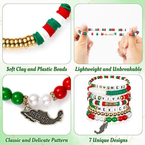 Y1tvei Viva Mexico Bracelet Set - 7Pcs Mexican Viva Crocodile Charm Clay Beaded Stretch Chains Freedom Day Inspiration Favors Gift 16th September Jewelry Supplies for Dia De La Independence Party in Saudi Arabia