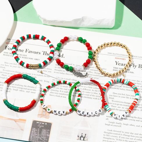 Y1tvei Viva Mexico Bracelet Set - 7Pcs Mexican Viva Crocodile Charm Clay Beaded Stretch Chains Freedom Day Inspiration Favors Gift 16th September Jewelry Supplies for Dia De La Independence Party in Saudi Arabia
