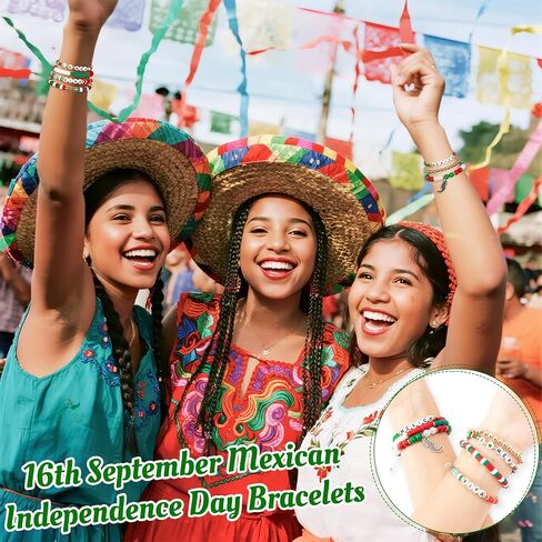 Y1tvei Viva Mexico Bracelet Set - 7Pcs Mexican Viva Crocodile Charm Clay Beaded Stretch Chains Freedom Day Inspiration Favors Gift 16th September Jewelry Supplies for Dia De La Independence Party in Saudi Arabia