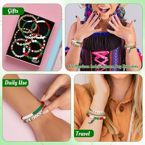 Y1tvei Viva Mexico Bracelet Set - 7Pcs Mexican Viva Crocodile Charm Clay Beaded Stretch Chains Freedom Day Inspiration Favors Gift 16th September Jewelry Supplies for Dia De La Independence Party in Saudi Arabia