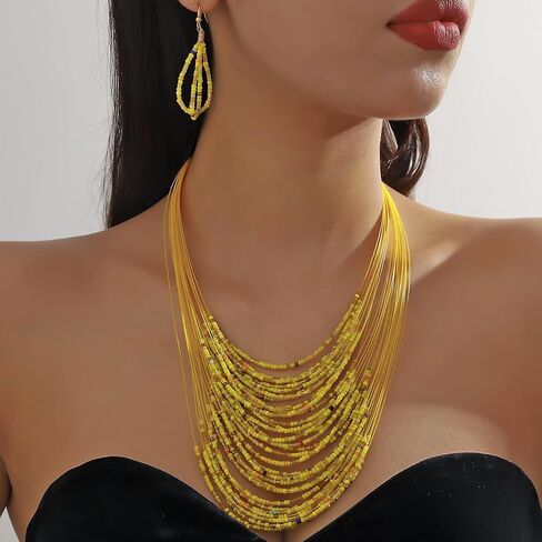Bohemian Colorful Beaded Earrings Necklace Geometric Teardrop Dangle Earrings Multi-layered Stackable Choker Necklaces Boho Seed Bead Chain Statement Beach Party Accessories in Saudi Arabia