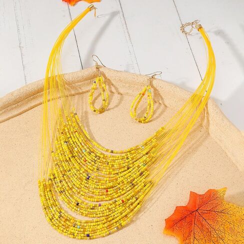 Bohemian Colorful Beaded Earrings Necklace Geometric Teardrop Dangle Earrings Multi-layered Stackable Choker Necklaces Boho Seed Bead Chain Statement Beach Party Accessories in Saudi Arabia