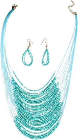 Bohemian Colorful Beaded Earrings Necklace Geometric Teardrop Dangle Earrings Multi-layered Stackable Choker Necklaces Boho Seed Bead Chain Statement Beach Party Accessories in Saudi Arabia