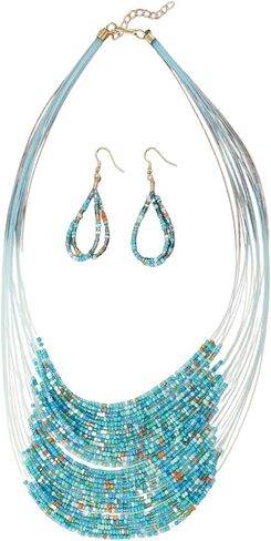 Bohemian Colorful Beaded Earrings Necklace Geometric Teardrop Dangle Earrings Multi-layered Stackable Choker Necklaces Boho Seed Bead Chain Statement Beach Party Accessories in Saudi Arabia