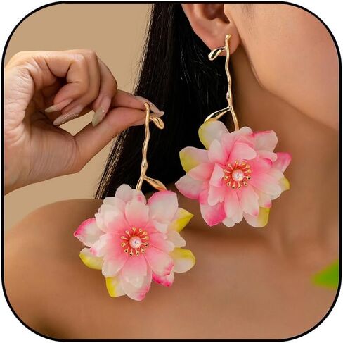 Large Flower Dangle Earrings for Women Green Fabric Flower Earrings Multicolor Handmade Floral Dangle Earrings Summer Boho Jewelry Gifts in Saudi Arabia