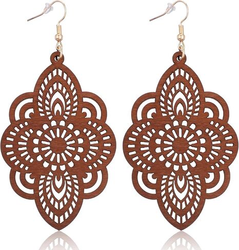 Boho Wooden Earrings for Women Brown Bohemian Earrings Dangle Wood Earring Dangle Drop Hollow Geometric Retro Wooden Jewelry in Saudi Arabia