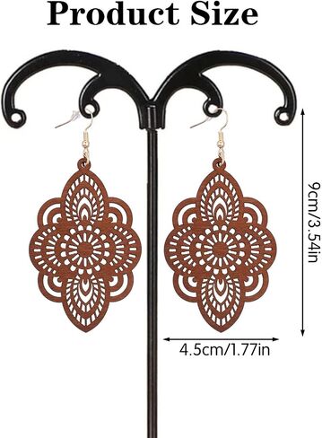Boho Wooden Earrings for Women Brown Bohemian Earrings Dangle Wood Earring Dangle Drop Hollow Geometric Retro Wooden Jewelry in Saudi Arabia