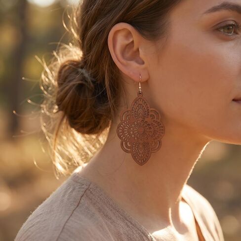 Boho Wooden Earrings for Women Brown Bohemian Earrings Dangle Wood Earring Dangle Drop Hollow Geometric Retro Wooden Jewelry in Saudi Arabia