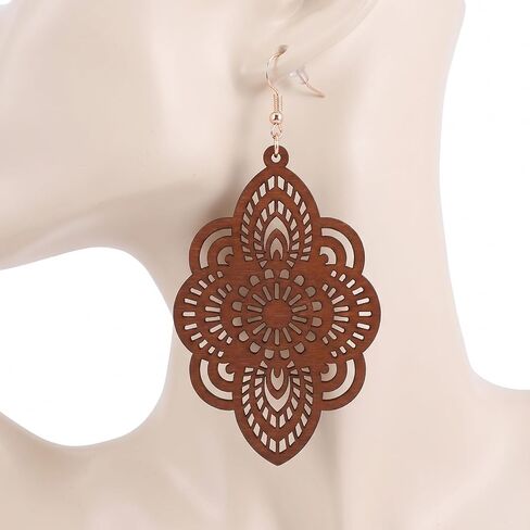 Boho Wooden Earrings for Women Brown Bohemian Earrings Dangle Wood Earring Dangle Drop Hollow Geometric Retro Wooden Jewelry in Saudi Arabia