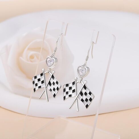 Checkered Flag Earrings for Women - Silver Racing Charm Earrings Black & White Checkered Flag Jewelry for Race Day Vintage Gifts for Racers Fans in Saudi Arabia