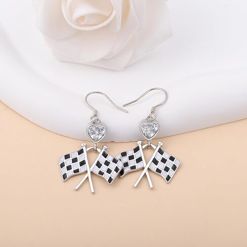 Checkered Flag Earrings for Women - Silver Racing Charm Earrings Black & White Checkered Flag Jewelry for Race Day Vintage Gifts for Racers Fans in Saudi Arabia