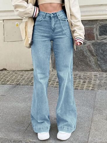 Straight Leg Jeans for Women,High Waisted Wide Leg Loose Stretchy Boyfriend Denim Pants Baggy Jeans for Women in Kuwait