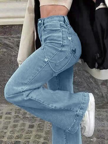 Straight Leg Jeans for Women,High Waisted Wide Leg Loose Stretchy Boyfriend Denim Pants Baggy Jeans for Women in Kuwait